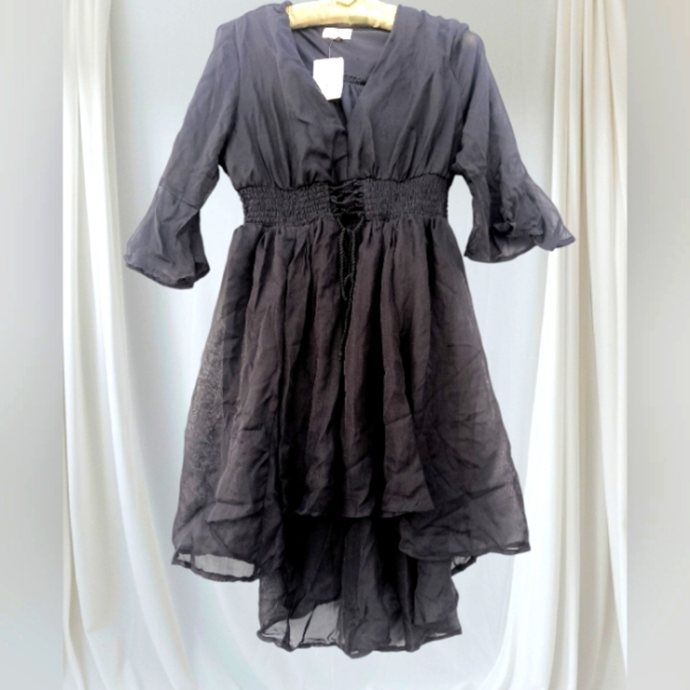 'Girl Solo' Black Hi-Low Partly Sheer V-Neck Dress Size XL